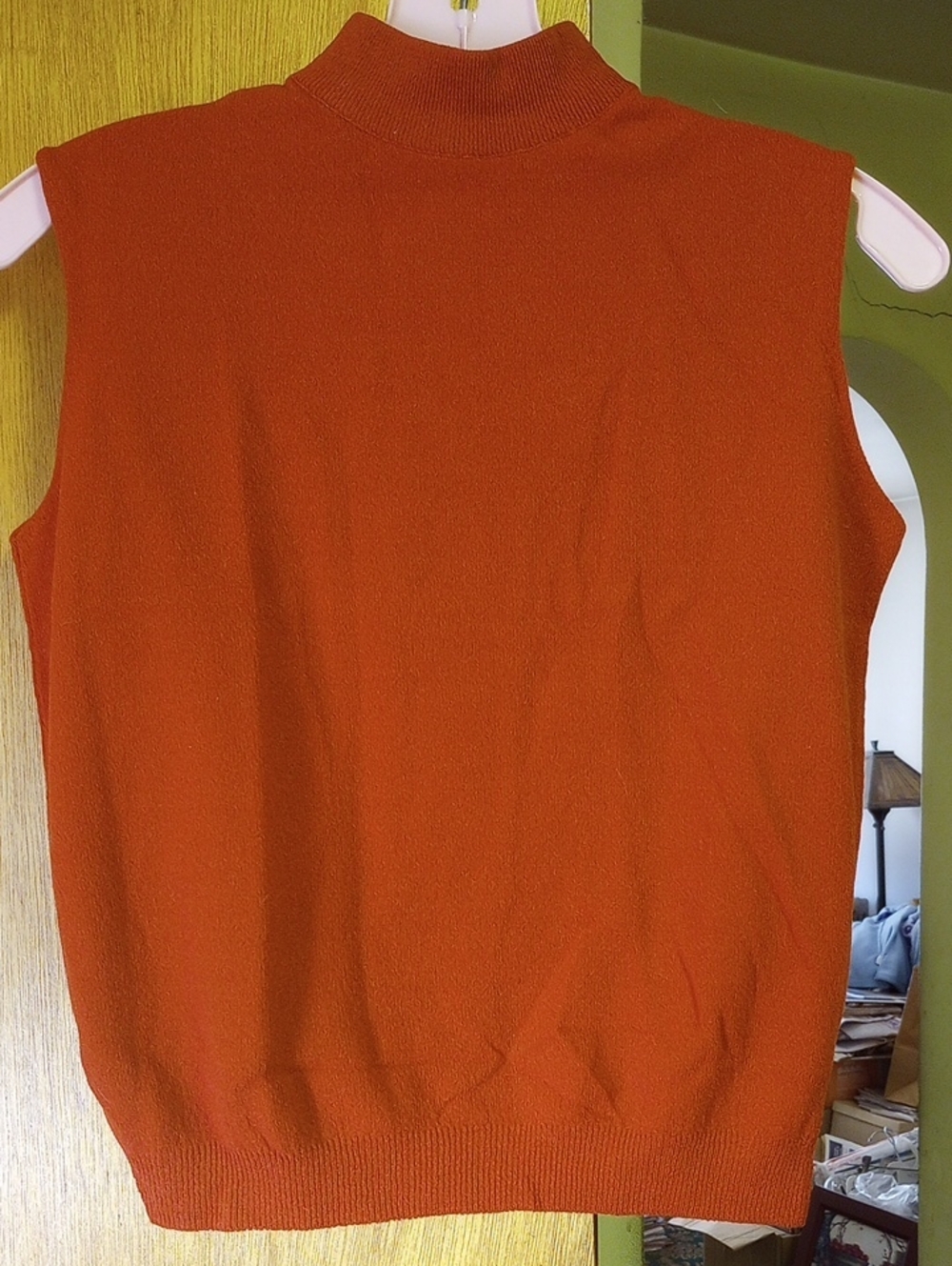 Sleeveless Mock Turtleneck Orange Stretch-Nylon Knit Sweater